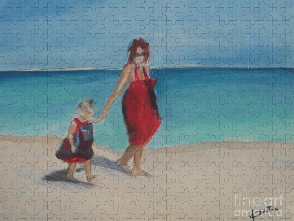 Mom Jigsaw Puzzle featuring the painting Mother and Daughter Walk on the Beach by Vesna Antic