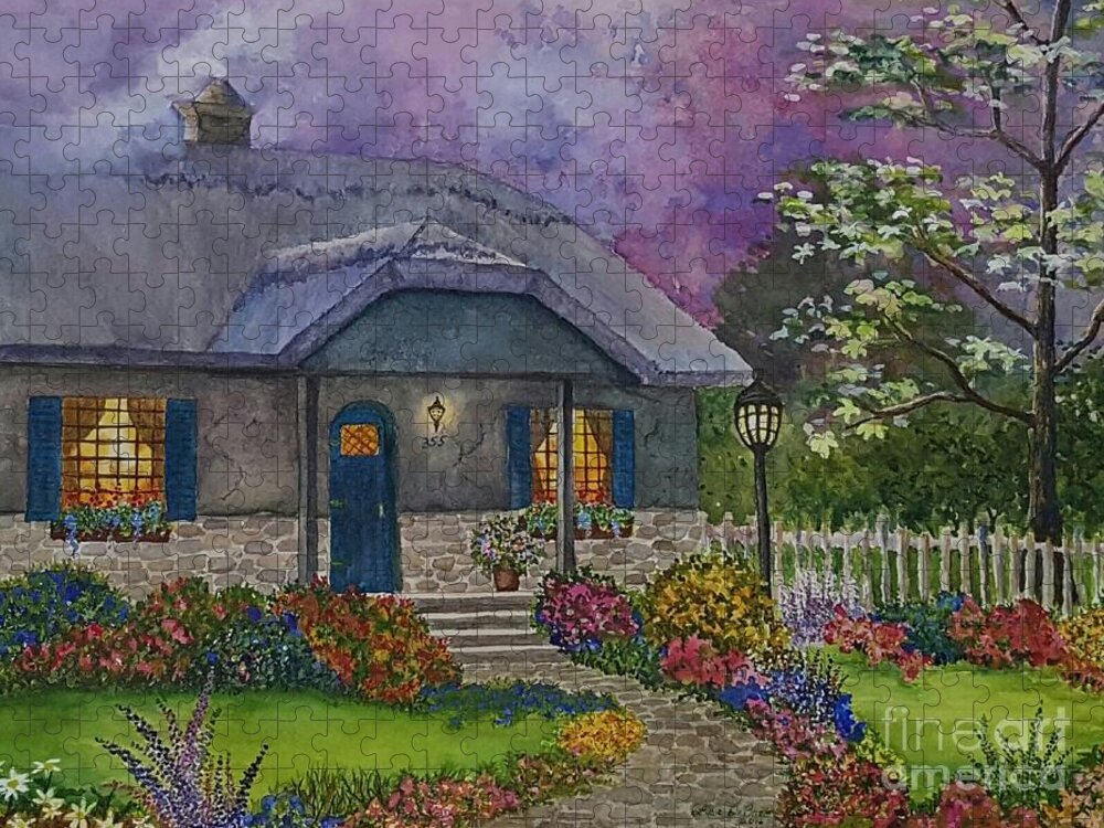 English Garden Jigsaw Puzzle featuring the painting Mother's Cottage by Lisa Debaets