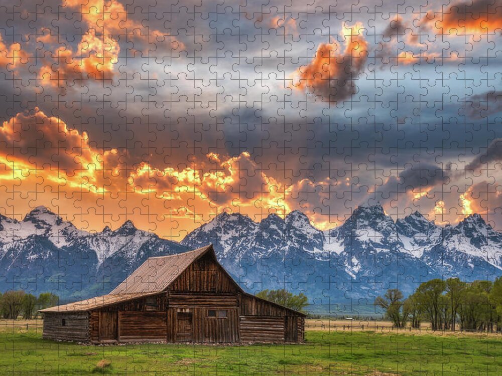 Moulton Barn Puzzle featuring the photograph Moulton Barn Sunset Fire by Darren White
