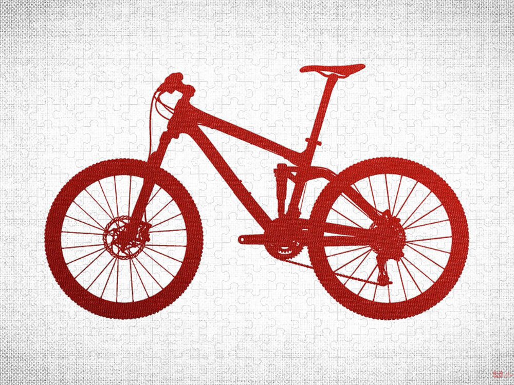 'two-wheel Drive' Collection By Serge Averbukh Jigsaw Puzzle featuring the digital art Mountain Bike Silhouette - Red on White Canvas by Serge Averbukh