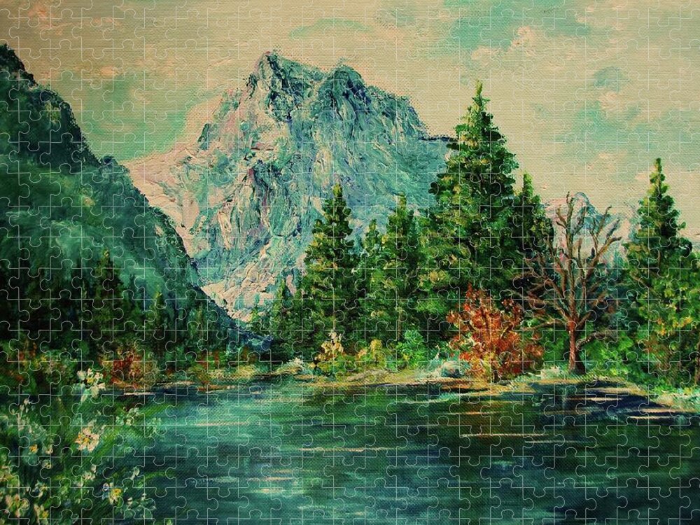 Mountain Jigsaw Puzzle featuring the painting Mountain Lake by Mary Wolf