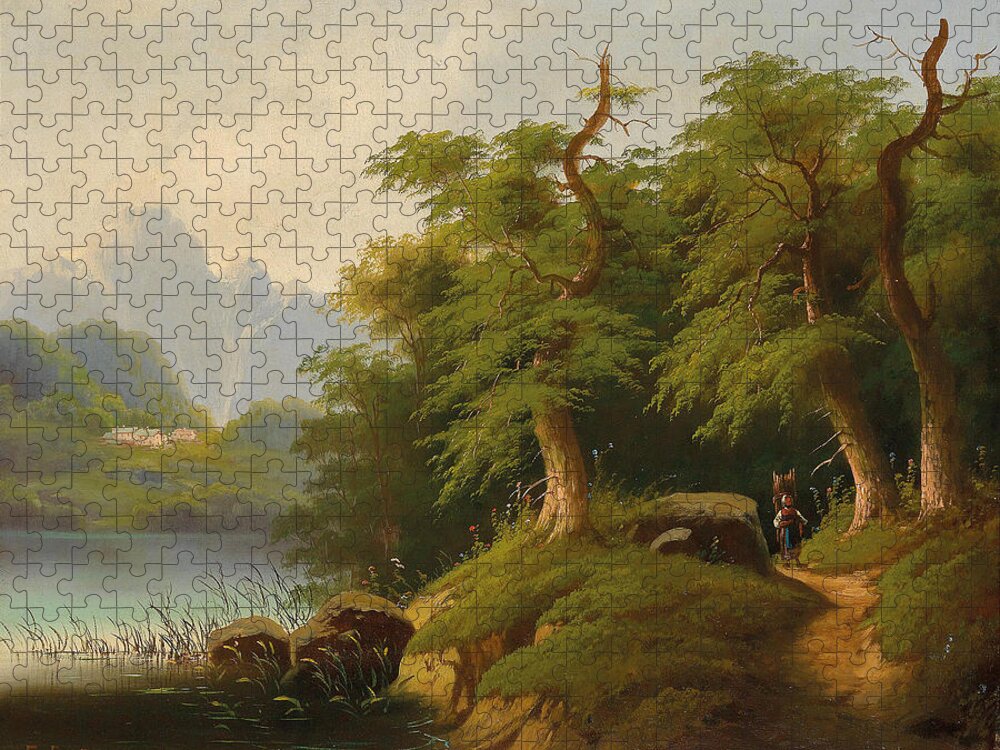 Eduard Boehm Jigsaw Puzzle featuring the painting Mountain Lake with decorative figures by Eduard Boehm