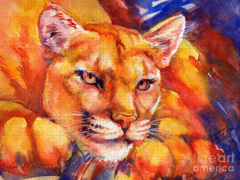 Mountain Lion Jigsaw Puzzle featuring the painting Mountain Lion Red-Yellow-Blue by Summer Celeste
