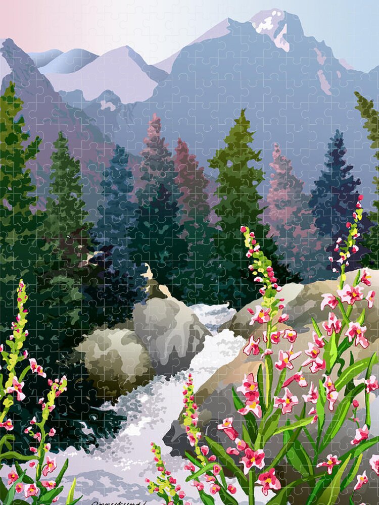 Rocky Mountains Jigsaw Puzzle featuring the digital art Mountain Stream by Anne Gifford
