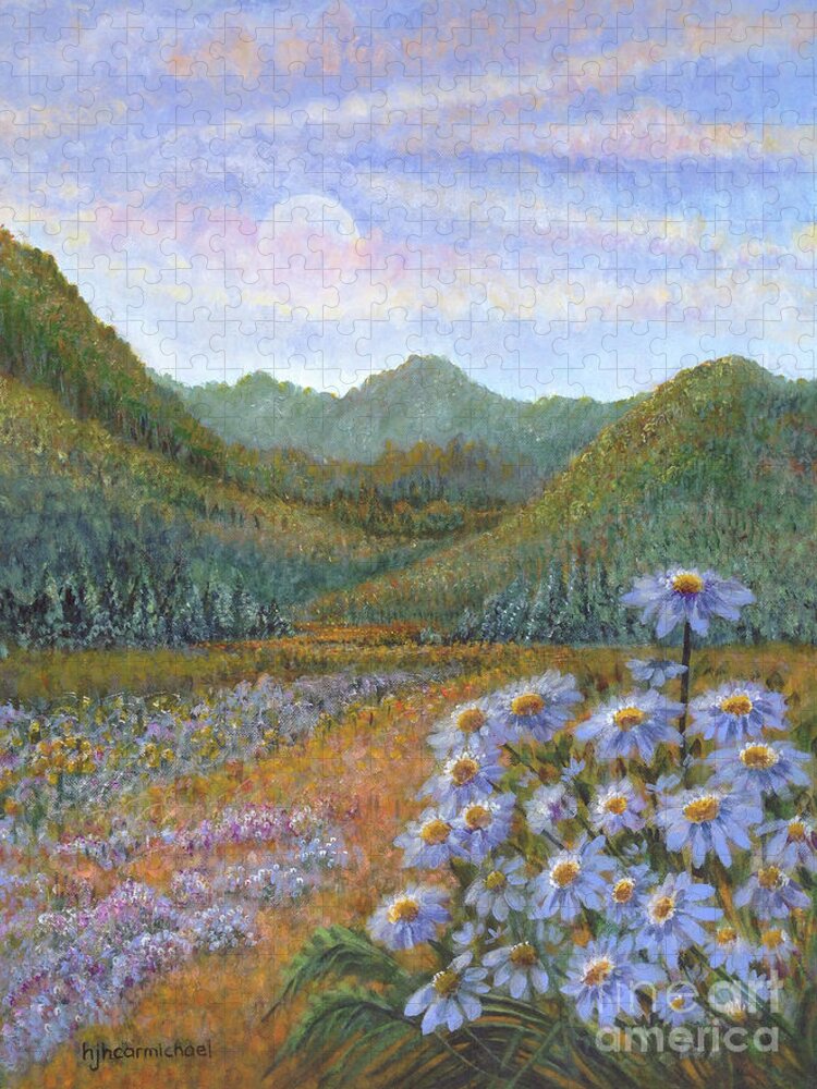 Mountains And Asters Jigsaw Puzzle featuring the painting Mountains and Asters by Holly Carmichael
