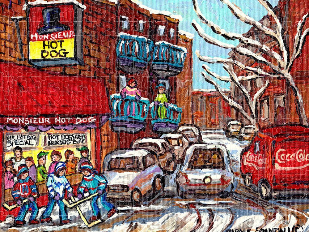 Montreal Jigsaw Puzzle featuring the painting Mr Hot Dog Restaurant Montreal Memories Hockey Game Winter Street Scene Canadian Art Carole Spandau by Carole Spandau