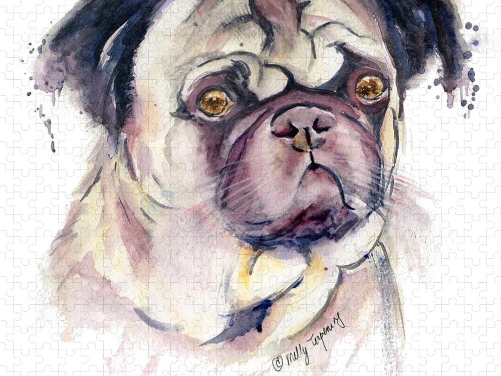 Pug Jigsaw Puzzle featuring the painting Mr Thinker Pug watercolor by Melly Terpening