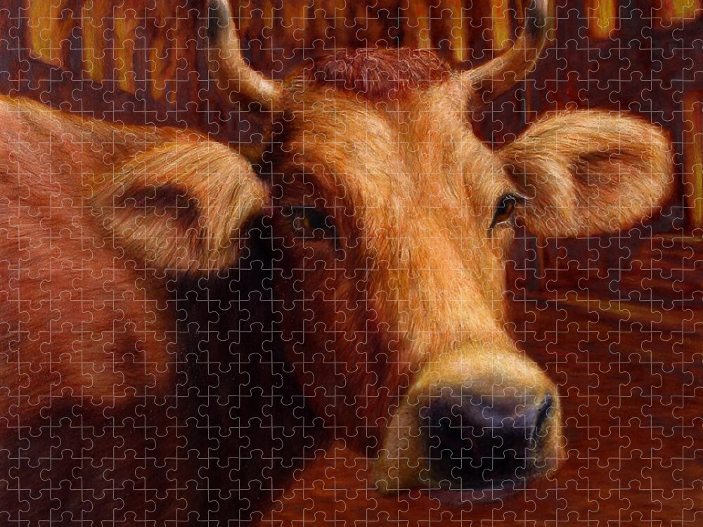 Cow Jigsaw Puzzle featuring the painting Mrs. O'Leary's Cow by James W Johnson