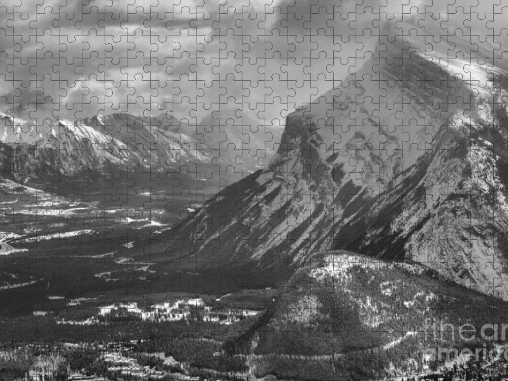 Norquay Jigsaw Puzzle featuring the photograph Mt. Rundle And The Canadian Rockies Black And White by Adam Jewell