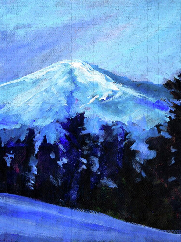 Oregon Mountain Landscape Painting Jigsaw Puzzle featuring the painting Mt. Bachelor Snow by Nancy Merkle