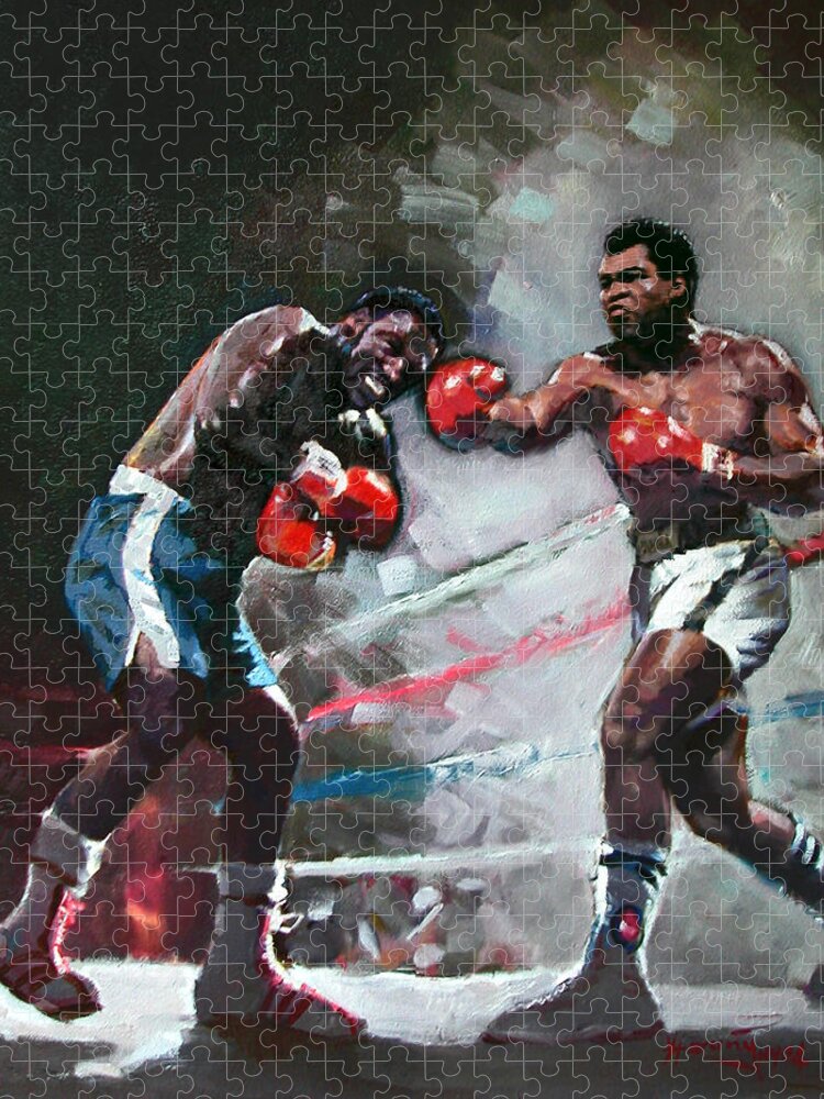 Muhammad Ali Jigsaw Puzzle featuring the painting Muhammad Ali and Joe Frazier by Ylli Haruni
