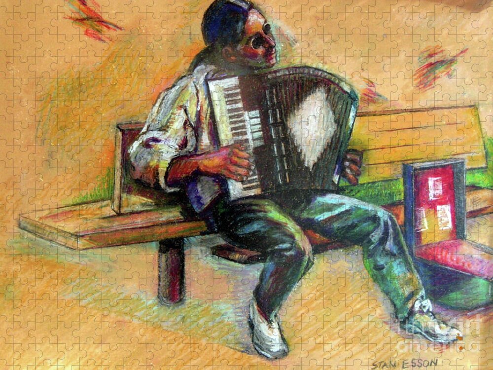 Music Jigsaw Puzzle featuring the drawing Musician With Accordion by Stan Esson