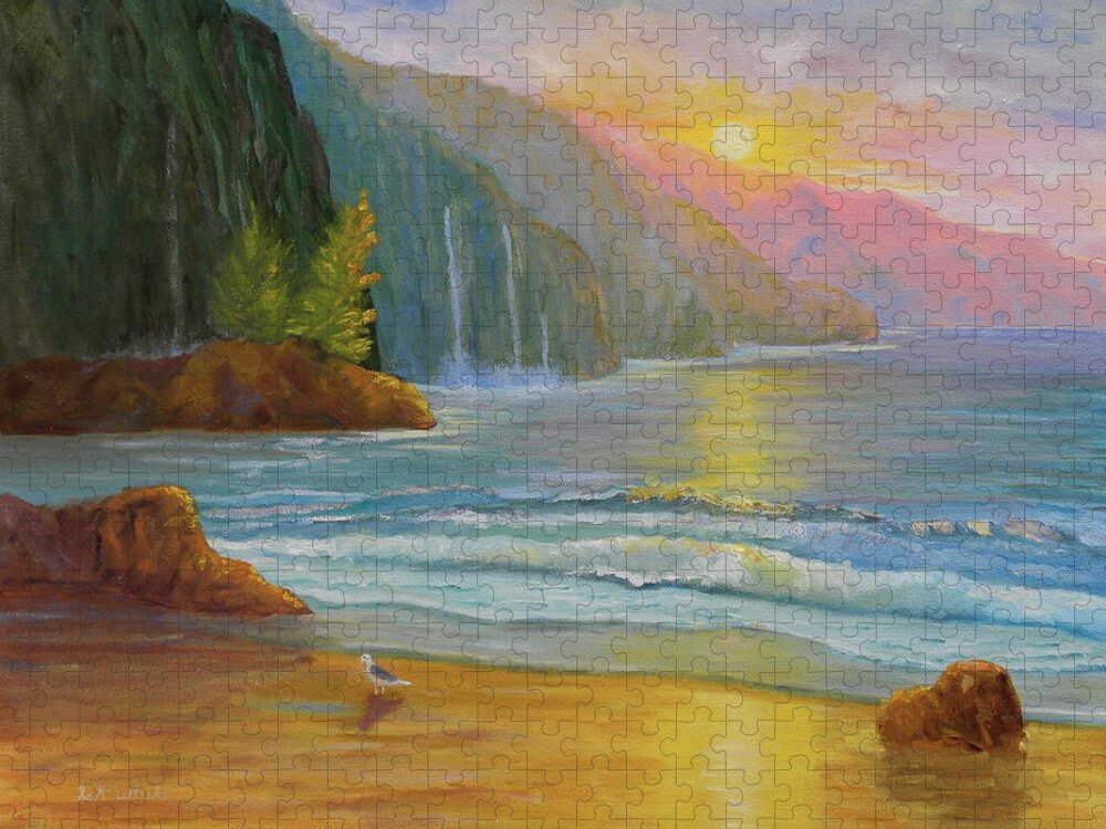 Landscape Seascape Birds Mountains Water Beach Sunrise Sunset Rocks Hawaii Jigsaw Puzzle featuring the painting My Happy Place by Scott W White