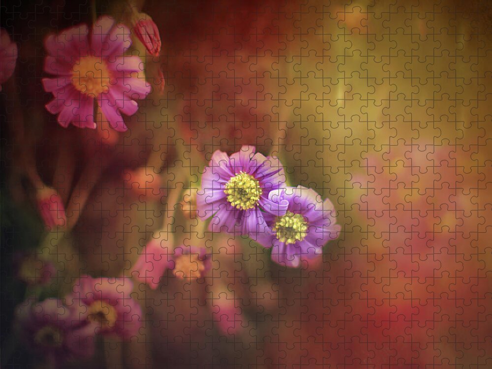 Mystic Flowers Jigsaw Puzzle featuring the mixed media Mystic Flowers by Gwen Gibson