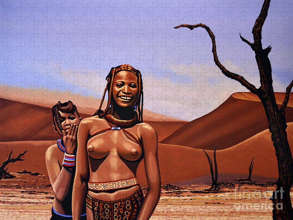 Namibia Jigsaw Puzzle featuring the painting Himba Girls Of Namibia by Paul Meijering