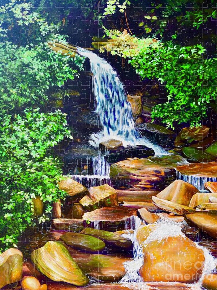Nantahala National Forest Jigsaw Puzzle featuring the painting Nantahala Waterfall by AnnaJo Vahle