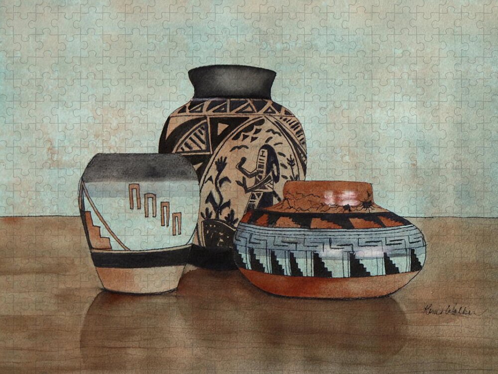 Black Jigsaw Puzzle featuring the painting Native Pots 1 Watercolor by Kimberly Walker