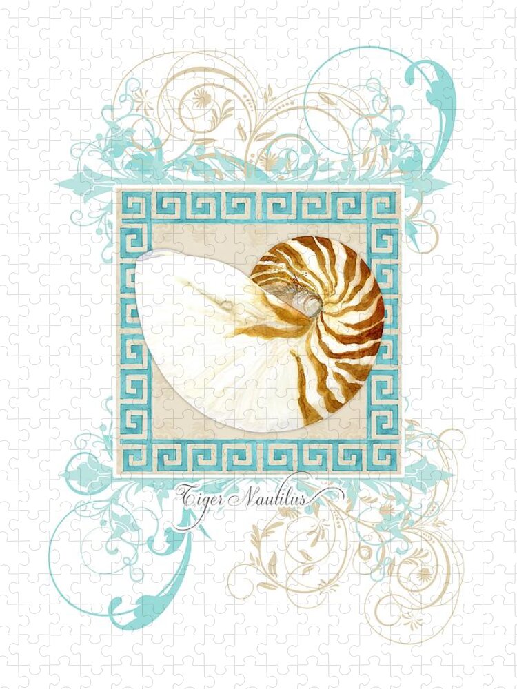 Nautilus Jigsaw Puzzle featuring the painting Nautilus Shell Greek Key w Swirl Flourishes by Audrey Jeanne Roberts