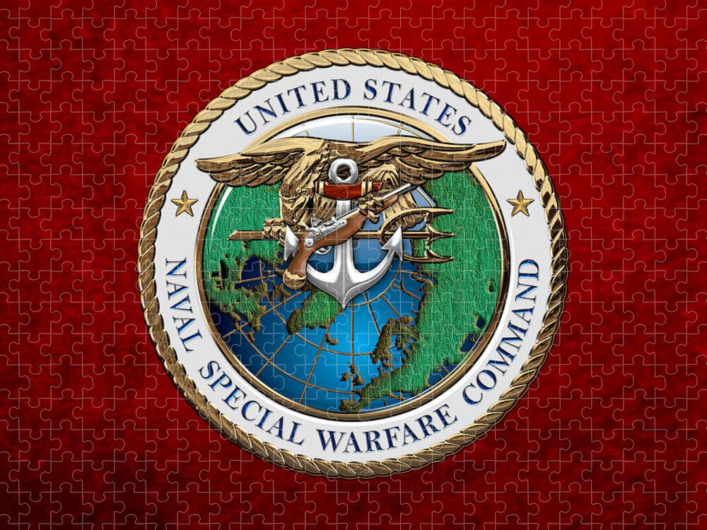 'military Insignia & Heraldry - Nswc' Collection By Serge Averbukh Jigsaw Puzzle featuring the digital art Naval Special Warfare Command - N S W C - Emblem over Red Velvet by Serge Averbukh