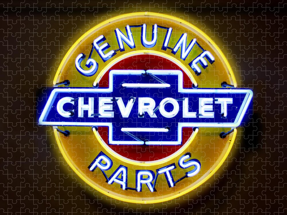 Neon Sign Jigsaw Puzzle featuring the photograph Neon Genuine Chevrolet Parts Sign by Mike McGlothlen