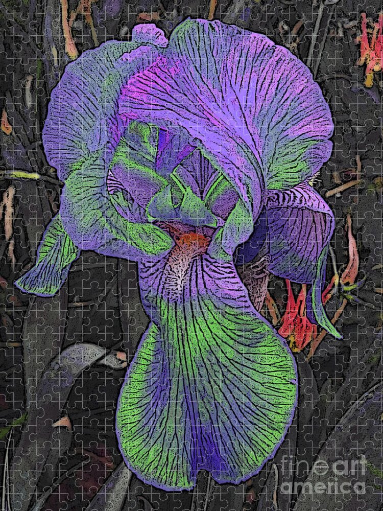 Flower Jigsaw Puzzle featuring the digital art Neon Iris Dark Background by Conni Schaftenaar