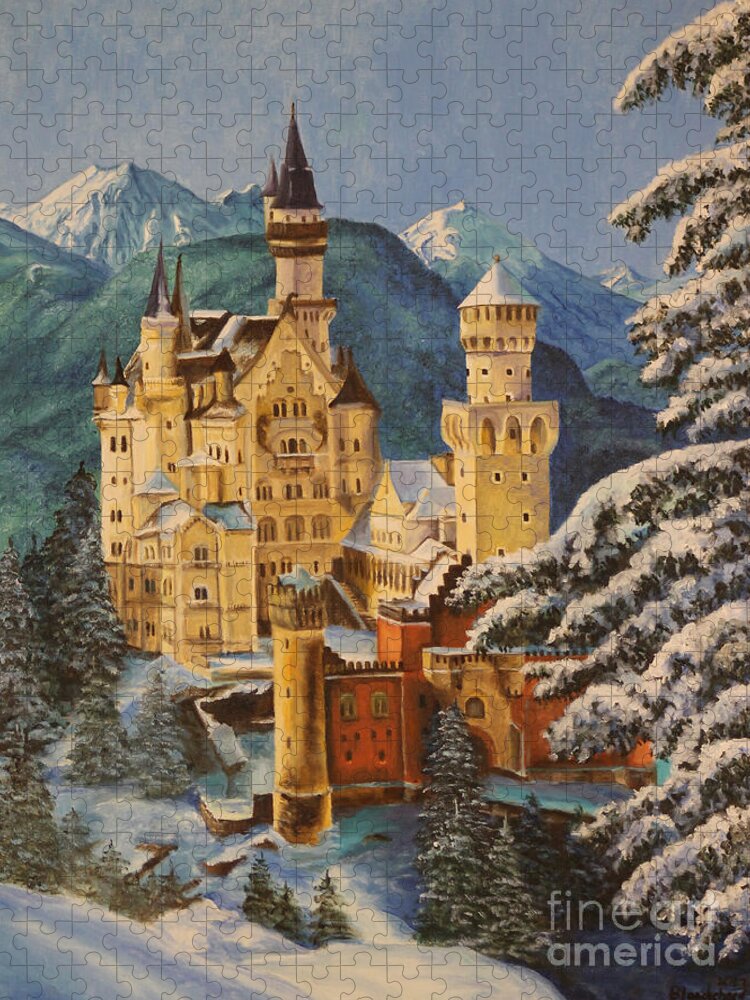 Germany Art Jigsaw Puzzle featuring the painting Neuschwanstein Castle in Winter by Charlotte Blanchard