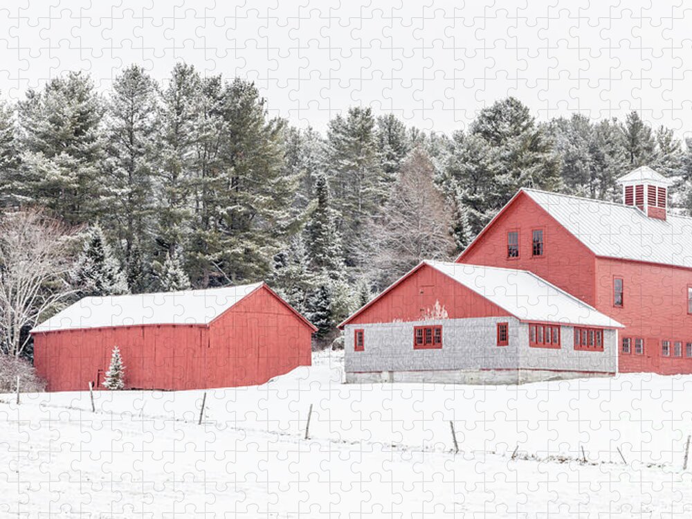 New Hamphire Jigsaw Puzzle featuring the photograph New England Farm with Red Barns in winter by Edward Fielding