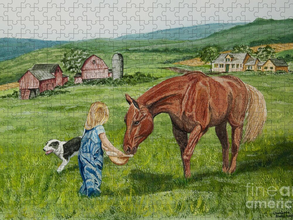 Country Kids Art Jigsaw Puzzle featuring the painting New Friends by Charlotte Blanchard