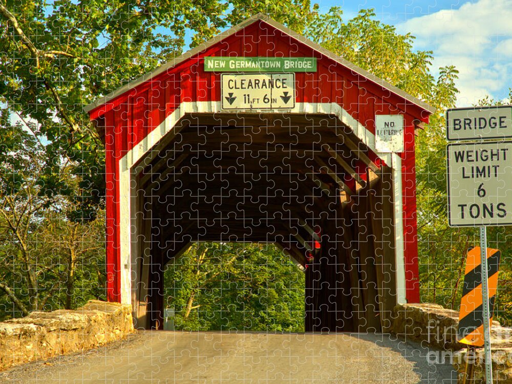 New Germantown Covered Bridge Jigsaw Puzzle featuring the photograph New Germantown Covered Bridge Closeup by Adam Jewell