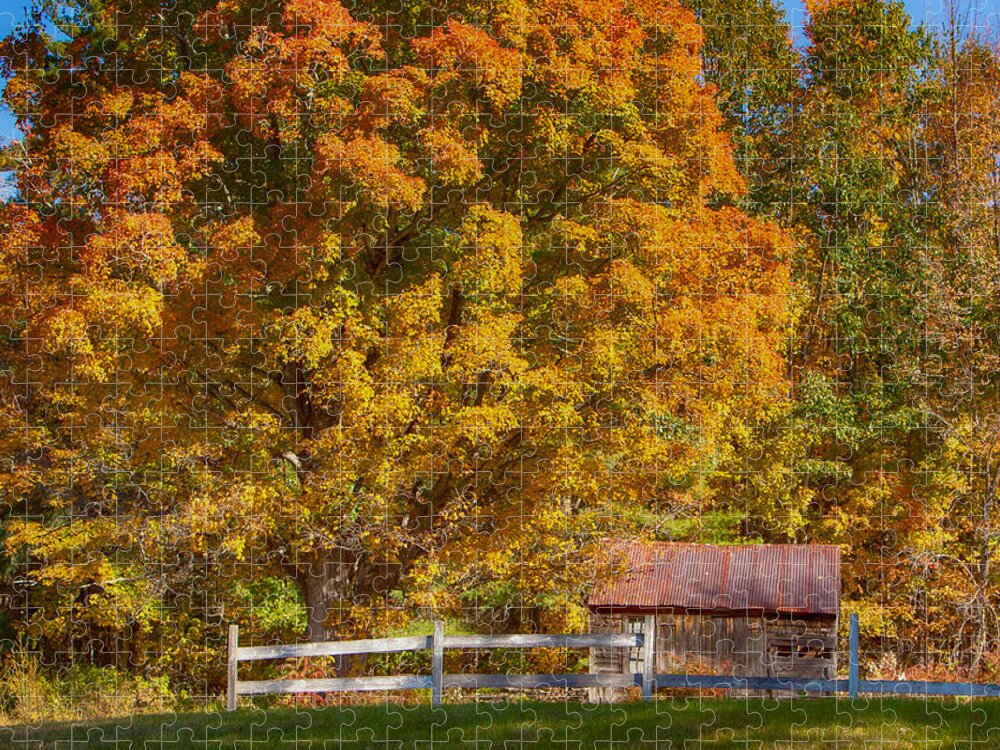 Autumn Jigsaw Puzzle featuring the photograph New hampshire barn under fall foliage by Jeff Folger