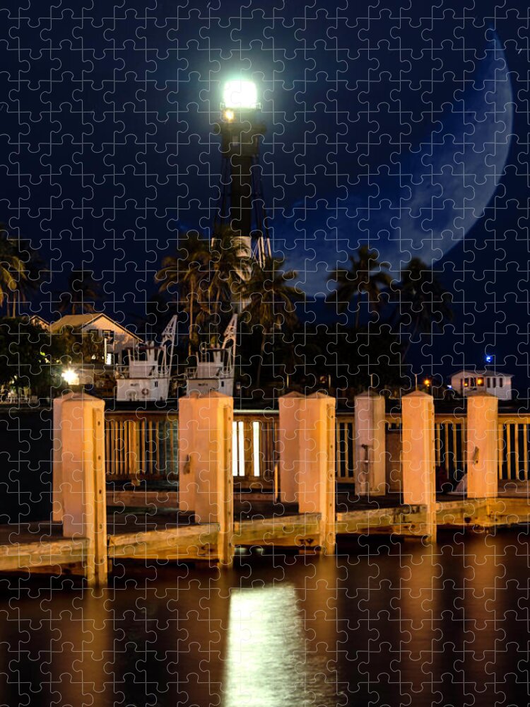 New Moon Jigsaw Puzzle featuring the photograph New Moon At Hillsboro Inlet Lighthouse by Wolfgang Stocker