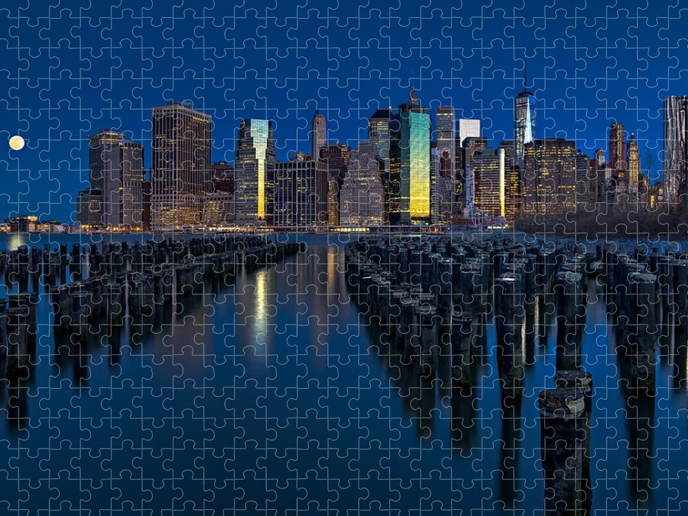 World Trade Center Jigsaw Puzzle featuring the photograph New York City Moonset by Susan Candelario