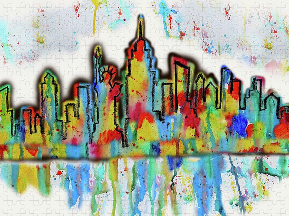 New York Usa Skyline Skyline Of New York Urban Mixed Media American City Skyline Watercolour Silhouette Cityscape Urban Leon Zernitsky Colourful Day View Jigsaw Puzzle featuring the painting New York City Skyline Cityscape by Leon Zernitsky