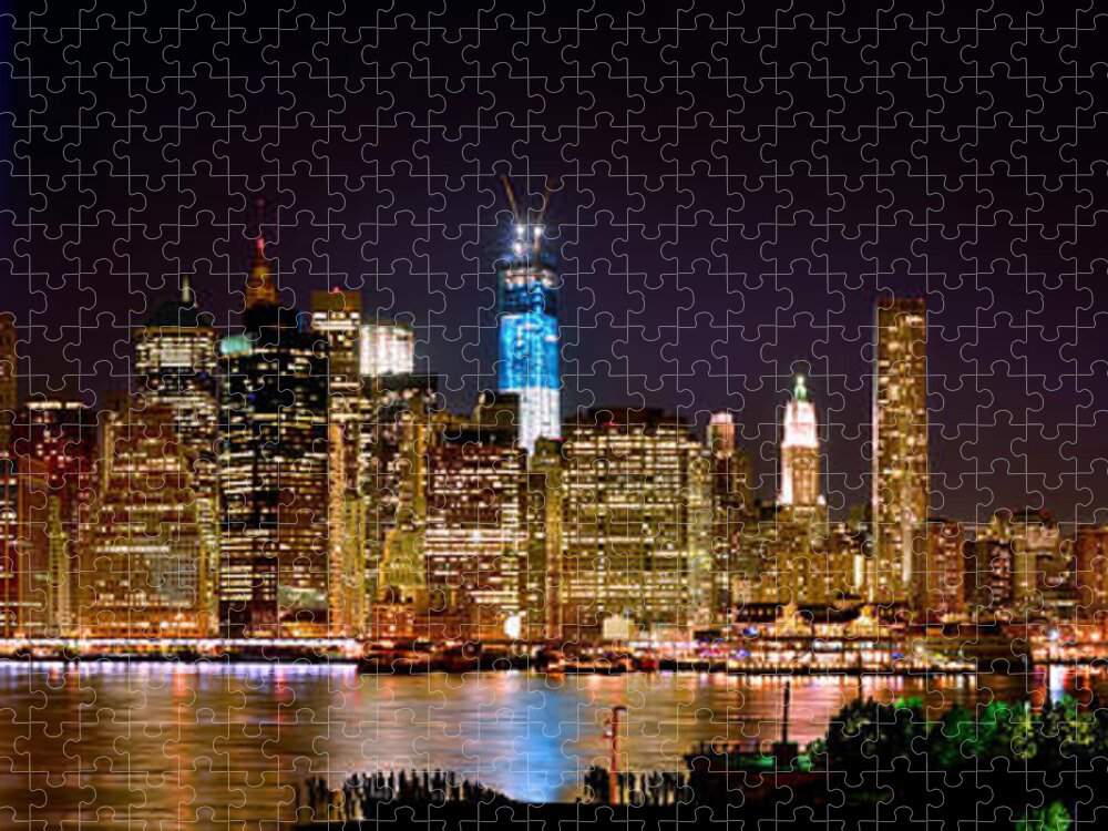 New York City Skyline At Night Jigsaw Puzzle featuring the photograph New York City Tribute in Lights and Lower Manhattan at Night NYC by Jon Holiday