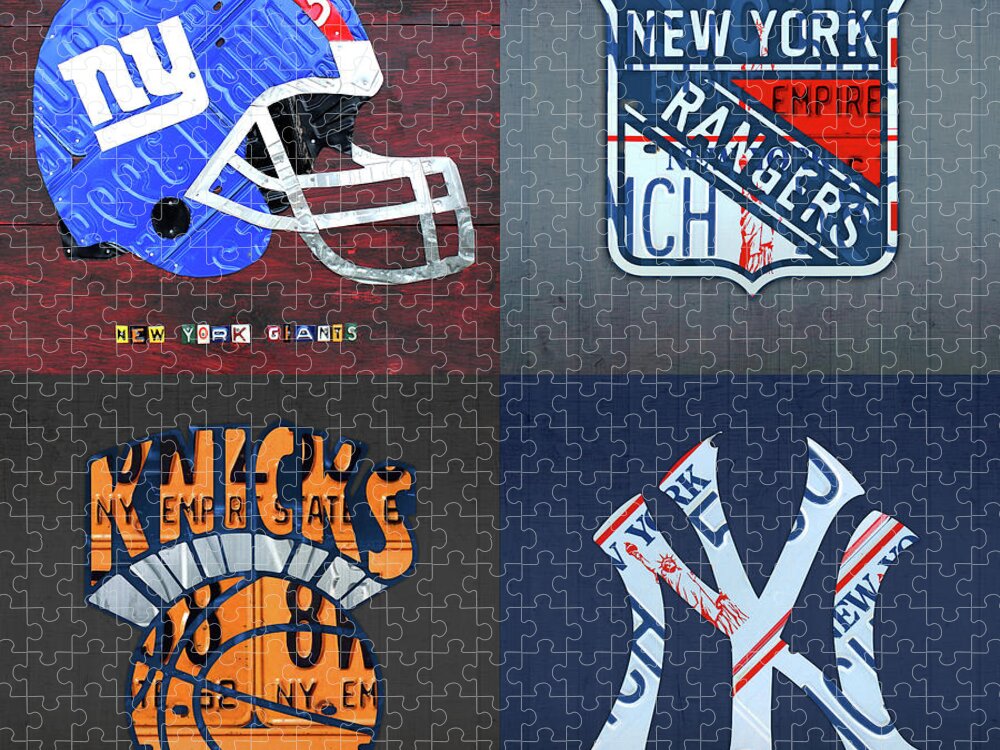 New York Jigsaw Puzzle featuring the mixed media New York Sports Team License Plate Art Giants Rangers Knicks Yankees by Design Turnpike