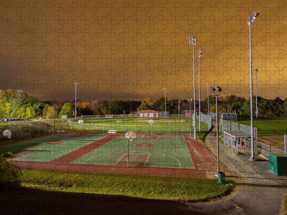 Night At The High School Basketball Courts Jigsaw Puzzle featuring the photograph Night at the High School Basketball Court by Brian MacLean