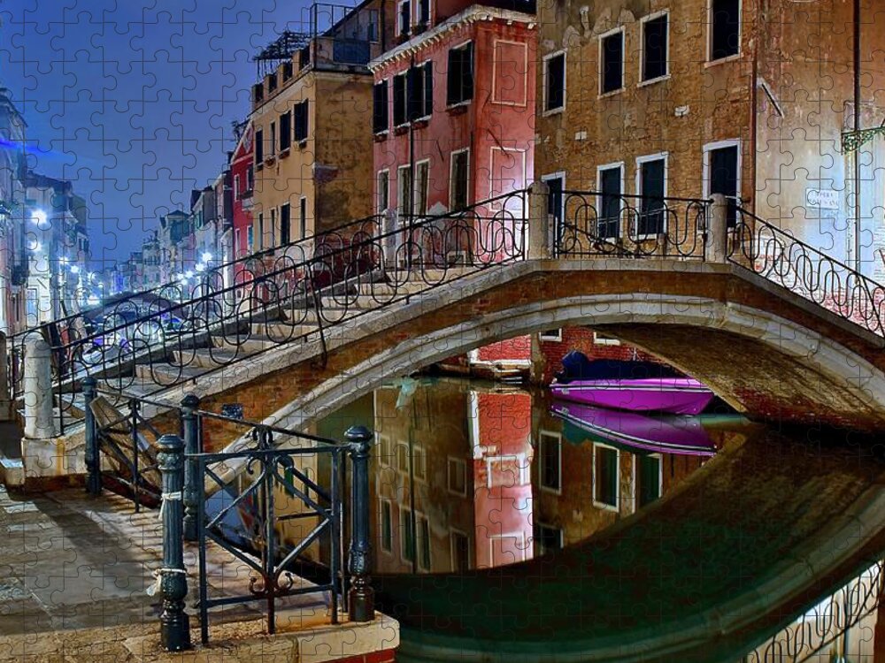 Venice Jigsaw Puzzle featuring the photograph Night Bridge in Venice by Frozen in Time Fine Art Photography