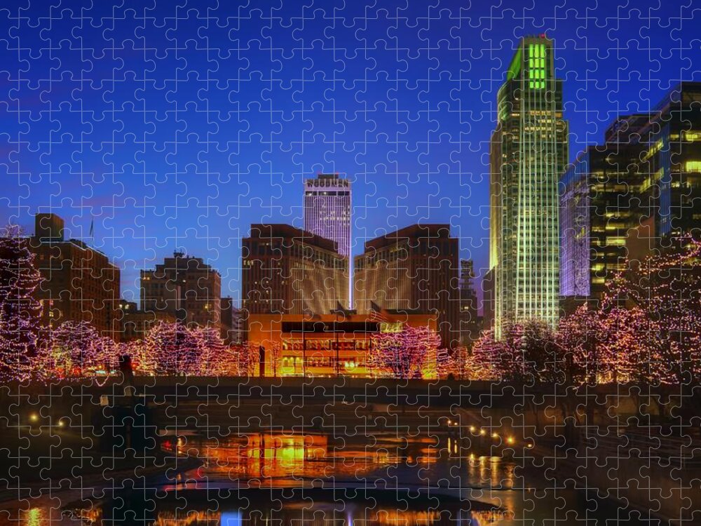 Omaha Nebraska Jigsaw Puzzle featuring the photograph Night Cityscape - 2 - Omaha - Nebraska by Nikolyn McDonald