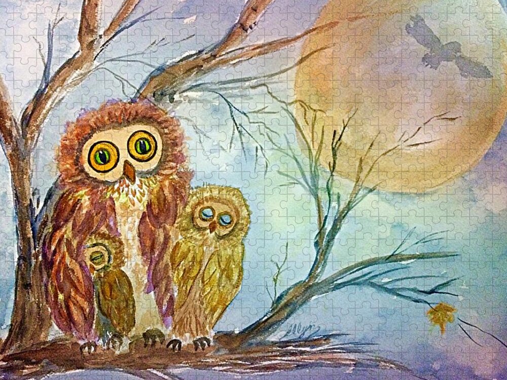 Night Owls Jigsaw Puzzle featuring the painting Night Owls Harvest Moon by Ellen Levinson