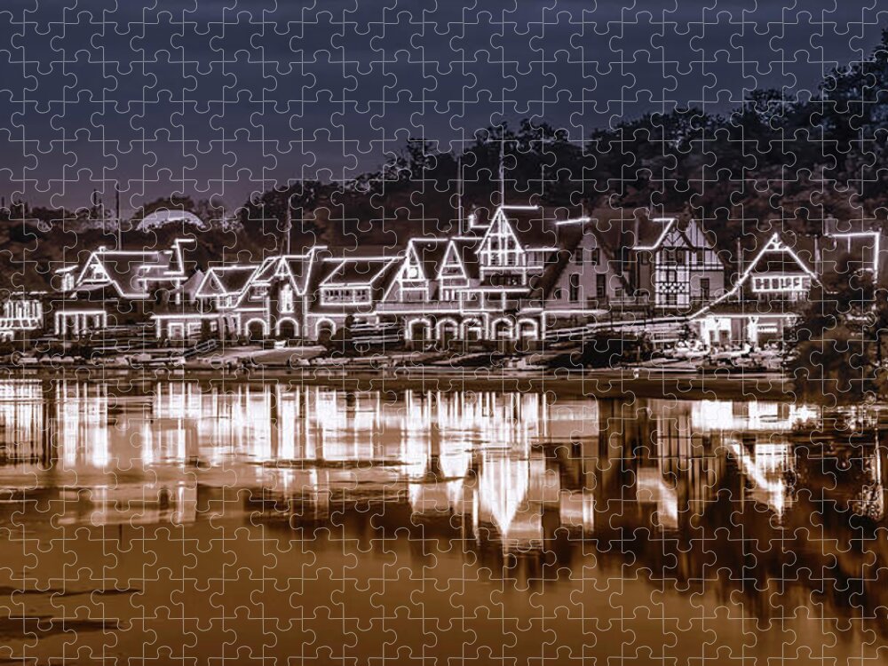 Nightshot Jigsaw Puzzle featuring the photograph Nightshot of Boathouse Row in Philadelphia in Two Tone by Bill Cannon
