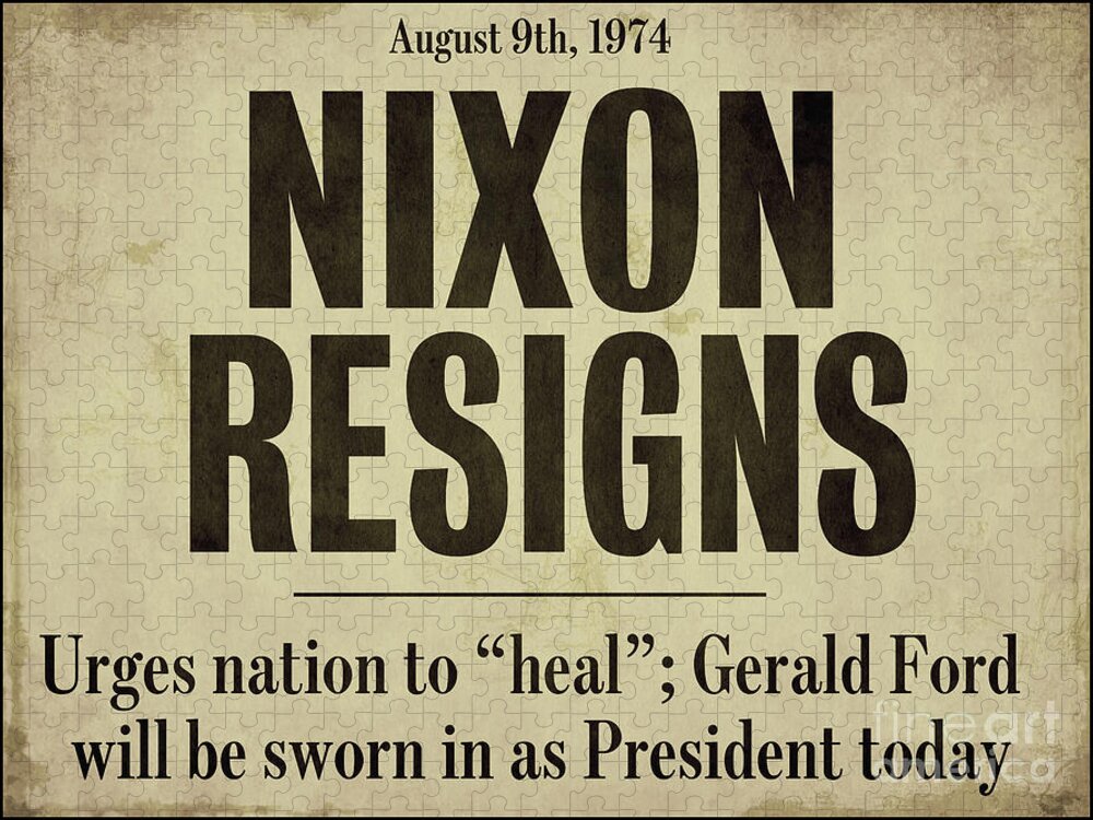 Nixon Resigns Jigsaw Puzzle featuring the painting Nixon Resigns Newspaper Headline by Mindy Sommers