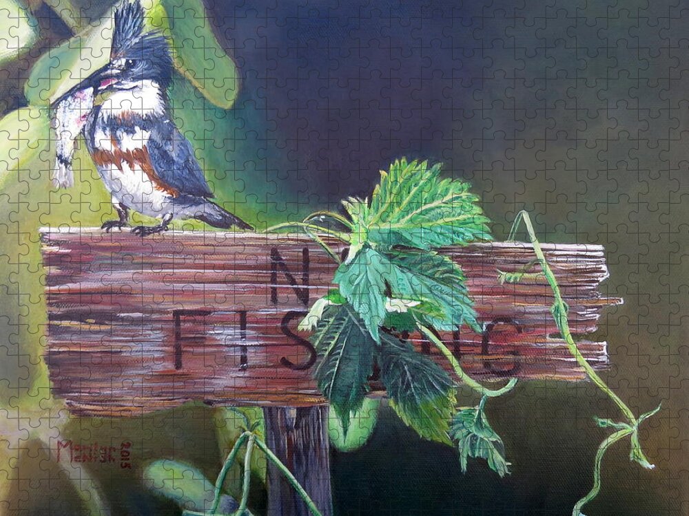 Belted Kingfisher Jigsaw Puzzle featuring the painting No Fishing by Marilyn McNish
