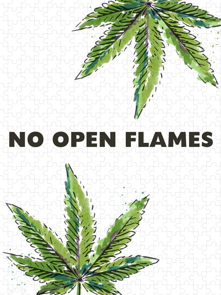 Cannabis Jigsaw Puzzle featuring the mixed media No Open Flames Sign- Art by Linda Woods by Linda Woods