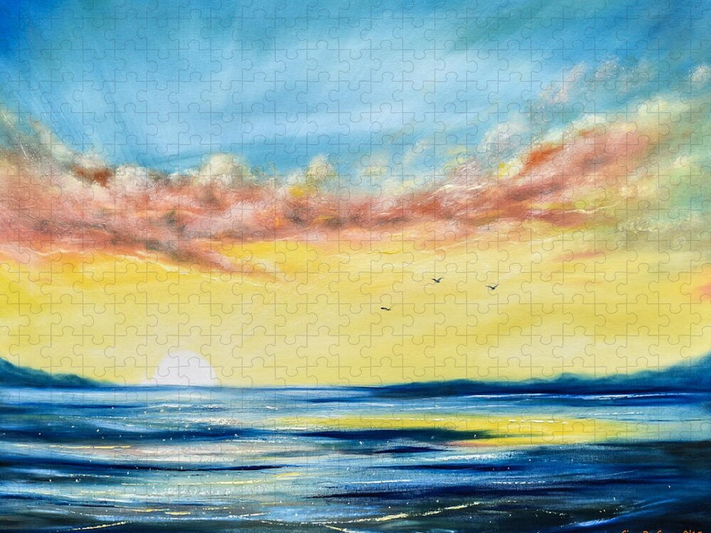 Sunset Jigsaw Puzzle featuring the painting No Stress - Sunset Painting by Gina De Gorna