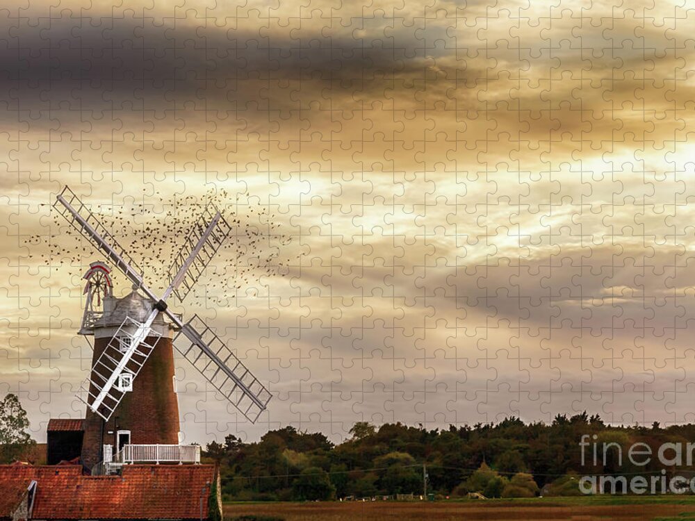 Cley Windmill Jigsaw Puzzle featuring the photograph Cley windmill Norfolk with flock of birds at sunset by Simon Bratt