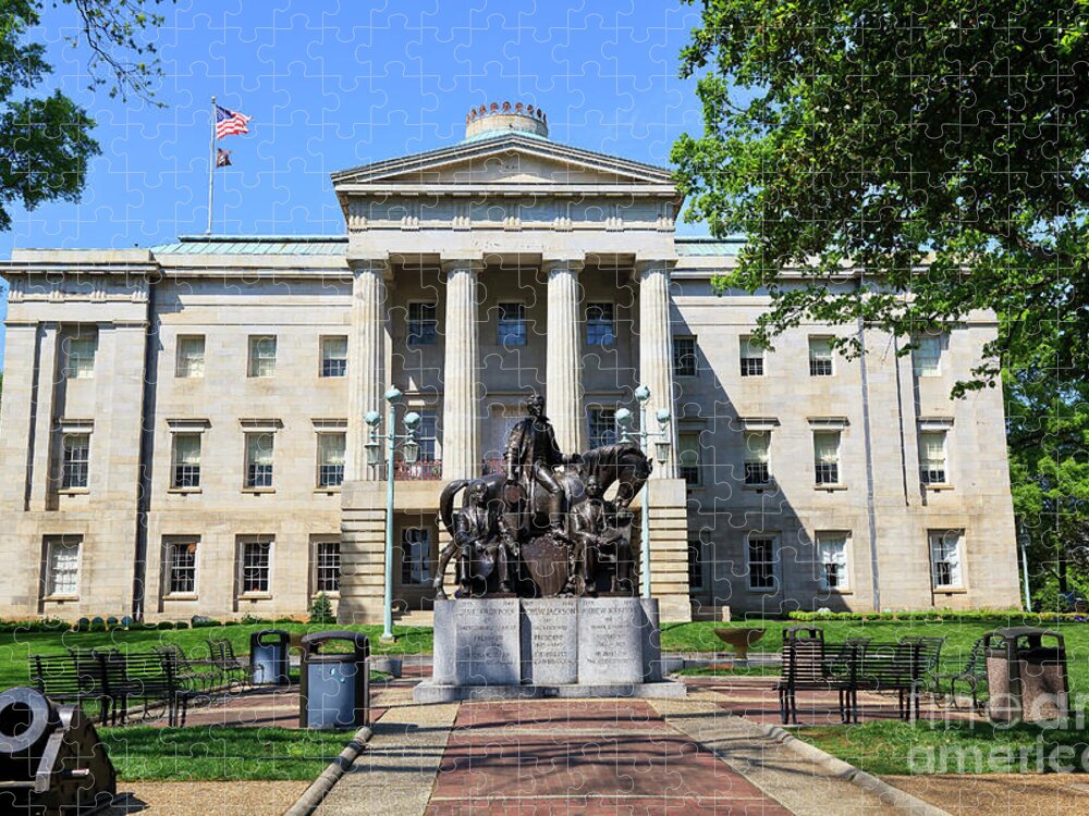 Bicentennial Plaza Jigsaw Puzzle featuring the photograph North Carolina State Capitol Building with Statue by Jill Lang