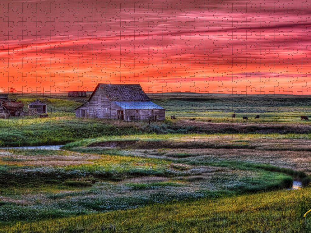 Natural Forms Jigsaw Puzzle featuring the photograph North Dakota Farm at Sunrise by Rikk Flohr