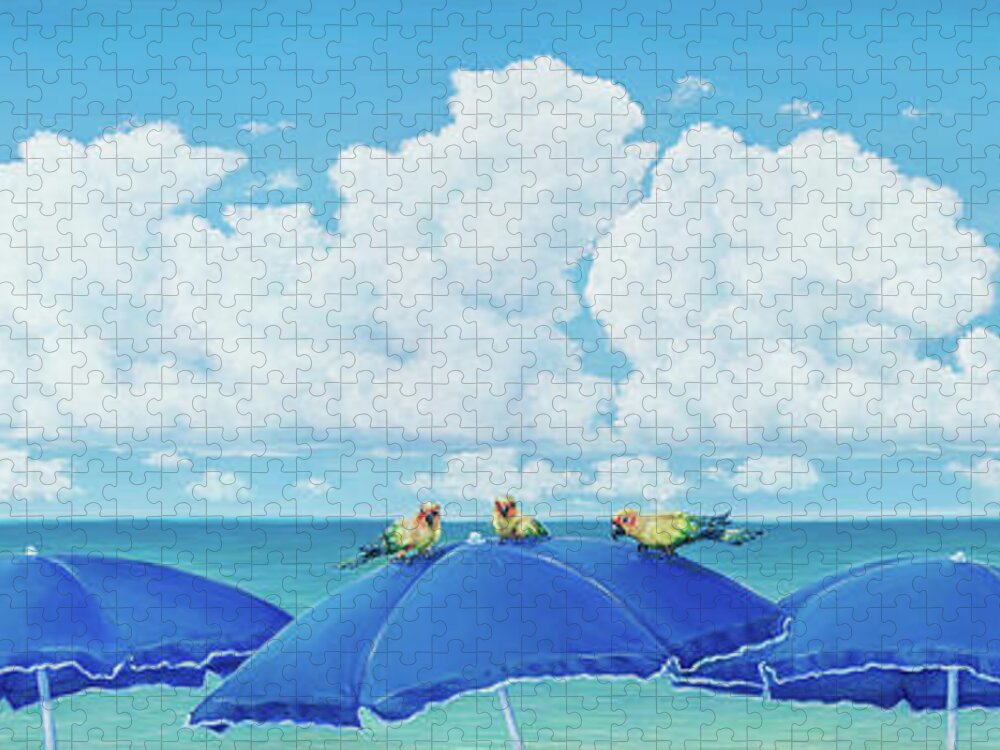 Beach Umbrellas Jigsaw Puzzle featuring the painting Not So Shady Characters by Elisabeth Sullivan