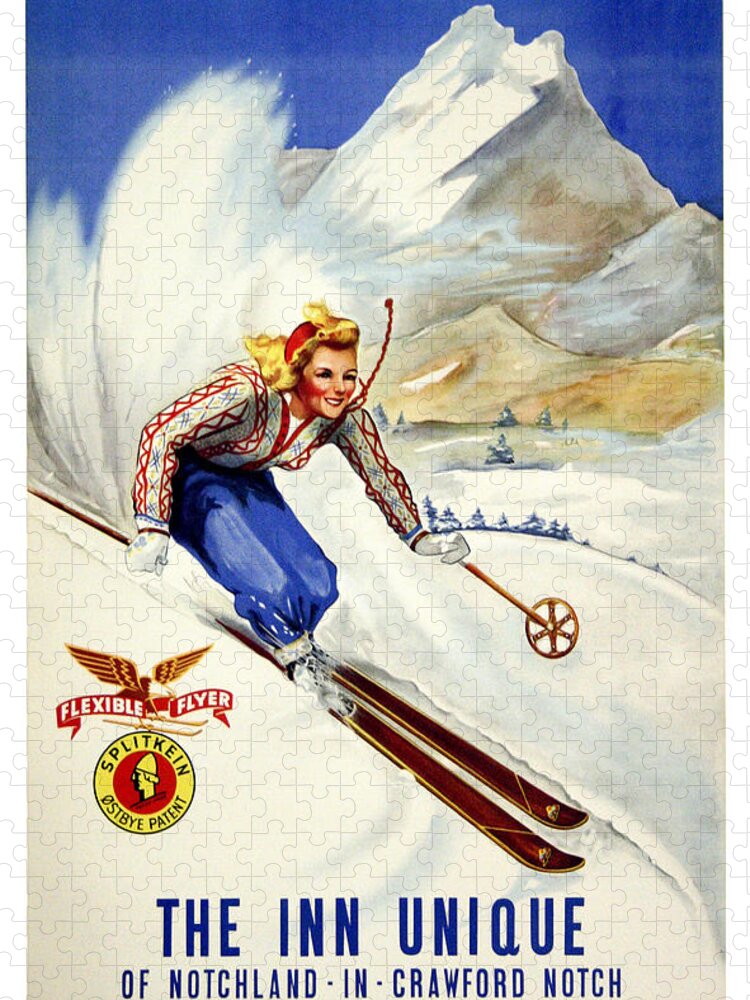 Notchland Jigsaw Puzzle featuring the painting Notchland, mountains, winter, ski girl, travel poster by Long Shot
