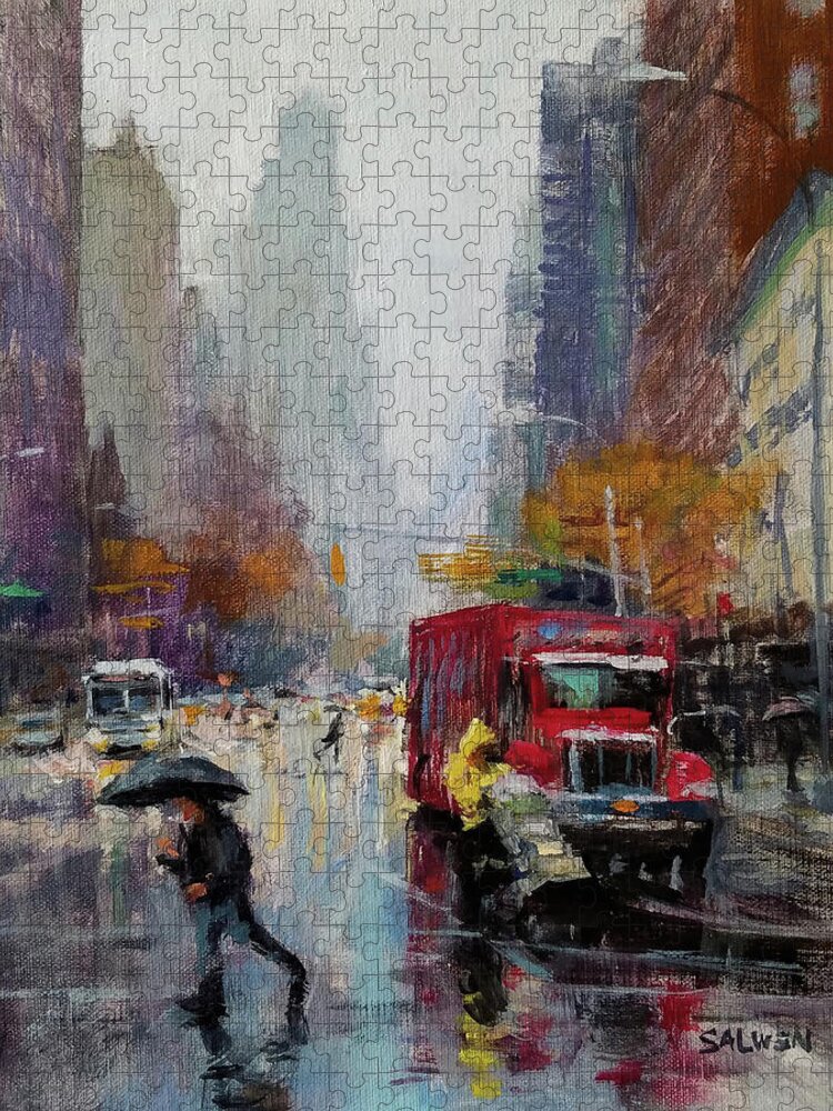 Rainy Street Jigsaw Puzzle featuring the painting November Rain by Peter Salwen